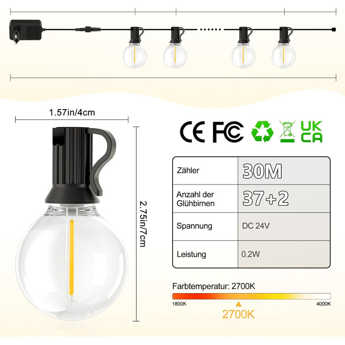 Ланцюжок прикрас LED для вулиці, 30 метрів, тепле біле світло, з пультом, диммування, для балкона, тераси, саду, павільйону, вечірки, вологостійкий