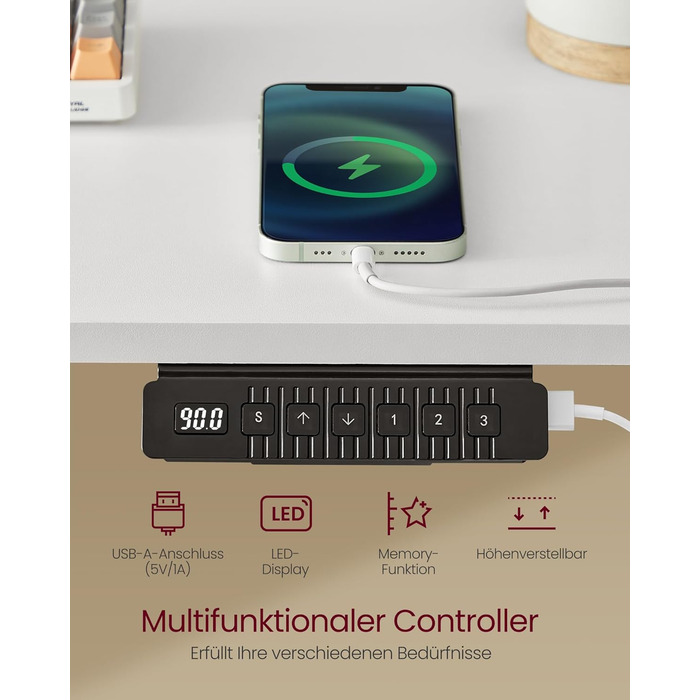 Електричний регульований стіл VASAGLE 120x60 см, білий, з підставкою для монітора, USB-роз'ємами, пам'яттю висоти