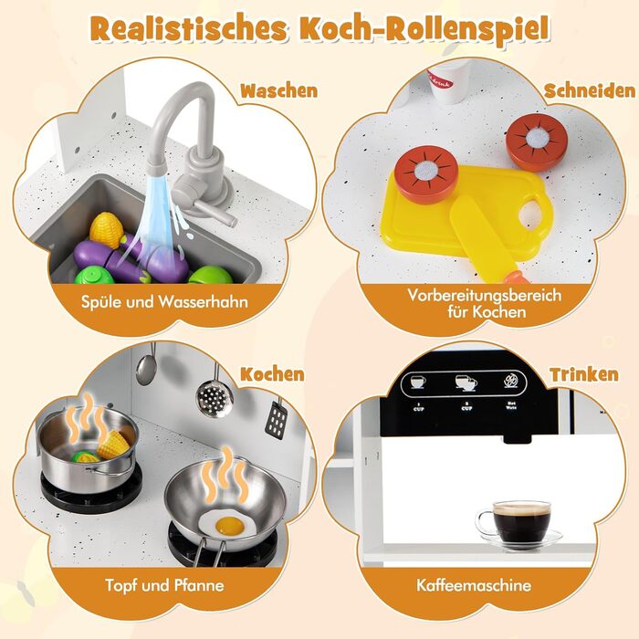 Дерев'яна дитяча кухня Dreamade з аксесуарами, кухонний куточок для дітей з плитою, раковиною, мікрохвильовою піччю, кавоваркою, духовкою, світлом та звуком (білий)