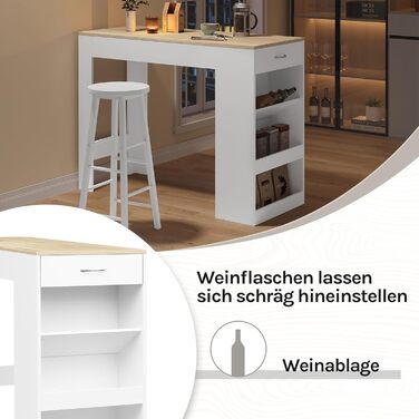 Стіл-бар WOLTU з шухлядою та полицями, вітрина для вина, кухонний стіл для бару, кухні, вітальні, їдальні (90 x 50 x 120 см, білий + світлий дуб)