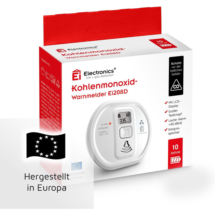 Датчик вуглекислого газу Ei Electronics Ei208D з LCD-дисплеєм та батареєю на 10 років, автономний, білий