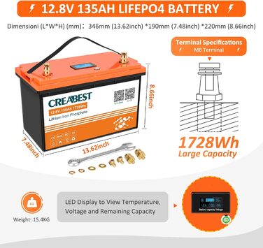 Акумулятор 12 В 200 Ач CREABEST LiFePO4, BMS Bluetooth, вихід 2560 Вт, чудово підходить для автофургонів, сонячної системи, автономного режиму