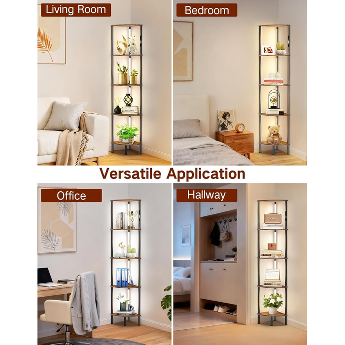 Світлодіодна торшер-полиця з регульованою яскравістю та кольором, пульт ДУ, 5 полиць, кутова, для вітальні, спальні, офісу (Rustikales Braun)