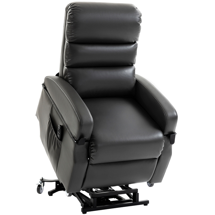 Крісло-релаксатор з підйомним механізмом та електроприводом. Електричне крісло з підніжкою, пультом дистанційного керування та функцією відкидання спинки, колір – темно-сірий.