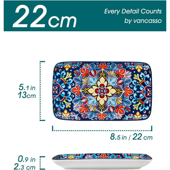 Набір тарілок Vancasso SIMI прямокутні, 6 шт. Порцелянові тарілки для подачі, десертні, на 6 осіб, 24.7x14.2 см