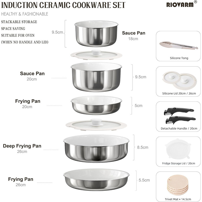Набір посуду RIOVARM з індукційним покриттям: каструлі та сковороди з знімними ручками, антипригарне гранітне покриття, складна конструкція, кришки з силікону, без PFOA, 16 предметів з нержавіючої сталі