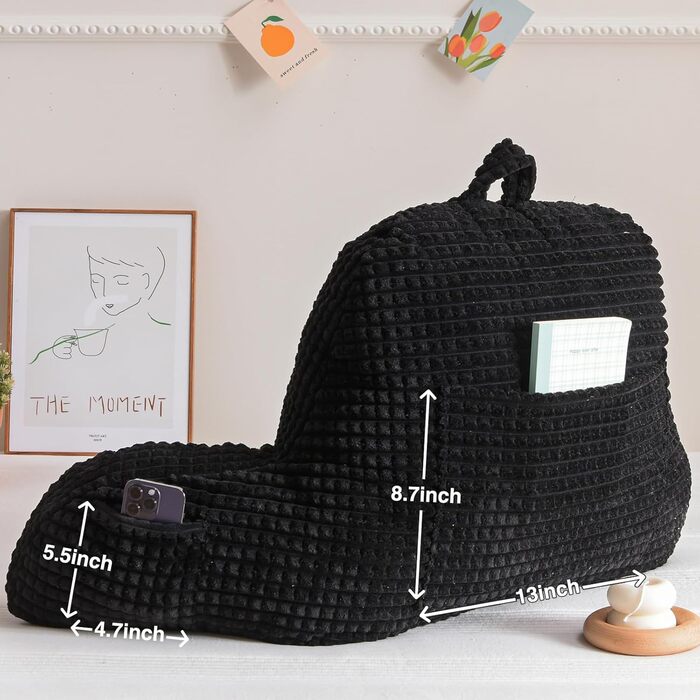 Лежак для читання Lesekissen, великий, для дорослих та дітей, з підлокітниками, підтримка спини для відпочинку та сну, вафельний малюнок, стереоскопічний дизайн, чорний, великий