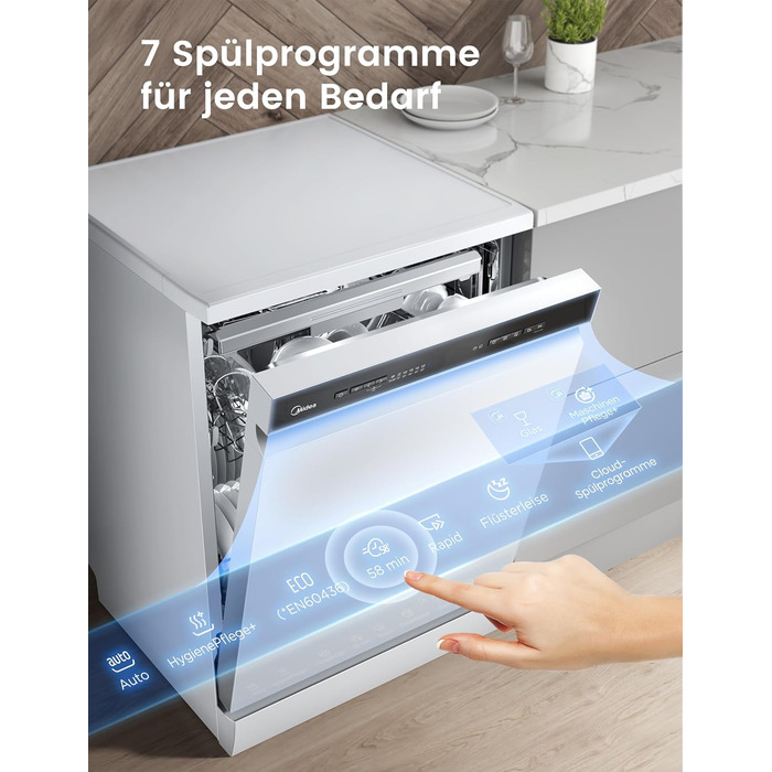 Посудомийна машина Midea SV 5.14K10C, 45 см, 10 комплектів, вбудована, з Wi-Fi, 8 програм, 44 дБ, автоматичне відкриття дверцят, таймер затримки 0-24 год, Inox