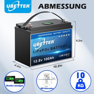 Акумулятор UBETTER 12V 100Ah LiFePO4, літієва батарея 12 В з монітором, 100 А BMS, 4000 циклів, послідовно/паралельно