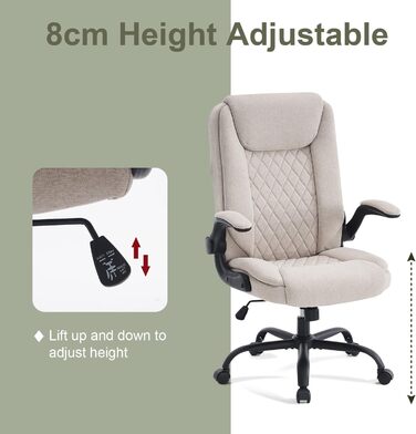 CASTLOVE Ергономічне крісло для офісу, комп'ютерне крісло, крісло для начальника з підйомними підлокітниками, висока спинка, функція гойдання, регульована висота, зручне, офісне крісло для дому, офісу, тканина, кремовий колір
