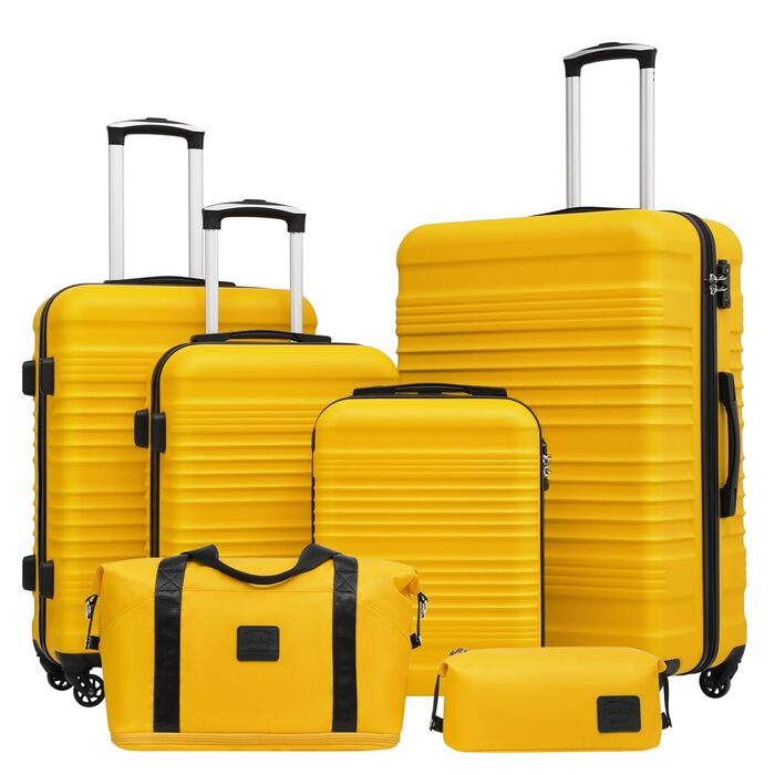 Набір валіз COOLIFE з 6 предметів (16, 20, 24, 28 дюймів), сумка для подорожей та косметичка, ABS пластик, колеса 360°, TSA замок, жовто-чорний