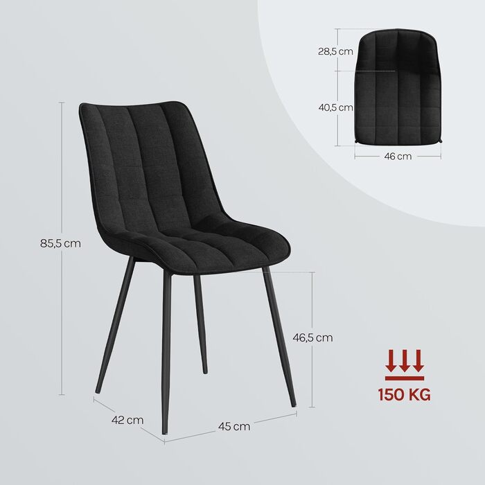 Набір з 2-х кухонних стільців WOLTU для вітальні, кухні, їдальні, чорного кольору, з м'якою спинкою та сидінням з льону, металеві ніжки, до 150 кг