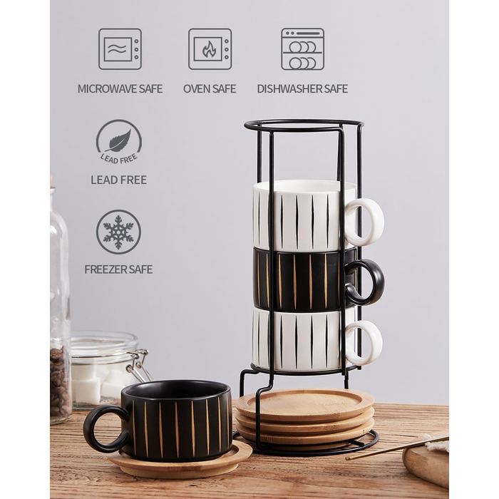 Набір кавових чашок Cappuccino HOME DECOR (4 шт, 160 мл) з підставками та стійкою - 160 мл, Stripe, кераміка