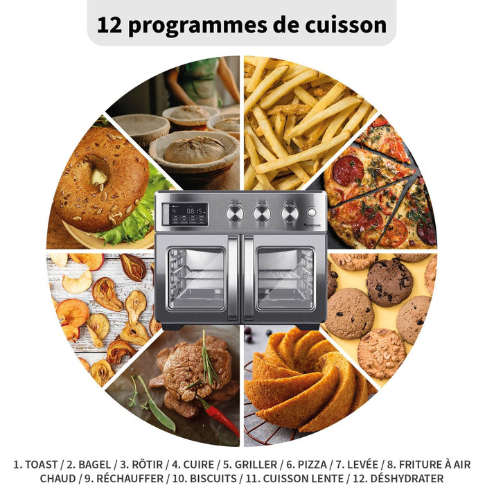 TurboTronic Міні-піч 4-в-1: Конвекційна піч, фритюрниця, дегідратор, гриль. Об'єм 32л, з поворотним шампуром та аксесуарами. Airfryer, піч для піци, міні-стіл (сріблястий)