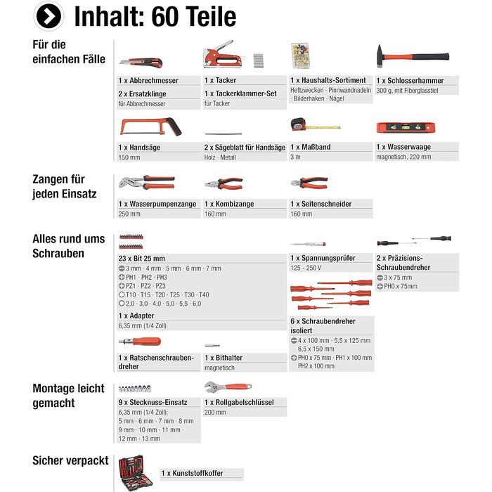 Набір інструментів Meister 60 предметів у кейсі для дому та повсякденного використання 8973630