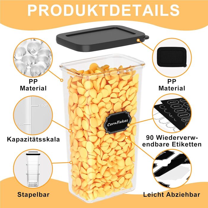 Герметичні контейнери для зберігання продуктів з кришкою, набір 6 шт (1.8л, чорний)