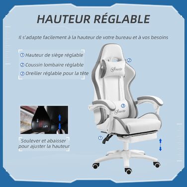 Крісло ігрове Vinsetto Ergonomic з регульованою підніжкою, спинкою 135°, підголівником та поперековою підтримкою, поворотне на 360°, PU шкіра, білий/сірий