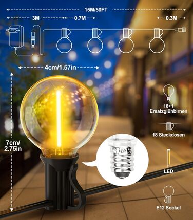 Ланцюжок прикрас LED для вулиці: 20 метрів, зовнішнє освітлення, 65 футів, лампочки G40 для саду, балкону, павільйону, тераси, вечірки. Вологостійкий IP44 з пульт дистанційного керування.