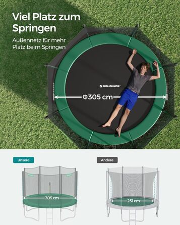 Батут SONGMICS садовий Ø305 см з захисною сіткою, драбиною та м'якими стійками, зелений