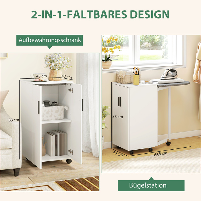 Складаний шафа-прасувальна дошка 2-в-1 на колесах з регульованою полицею для маленьких приміщень, білий