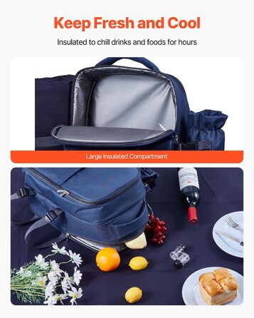 Рюкзак для пікніка VEVOR (20 л) на 2 особи з ізольованим відділенням, тримачем для пляшок/вина, ковдрою та набором посуду для пікніків, походів та кемпінгу, темно-синій