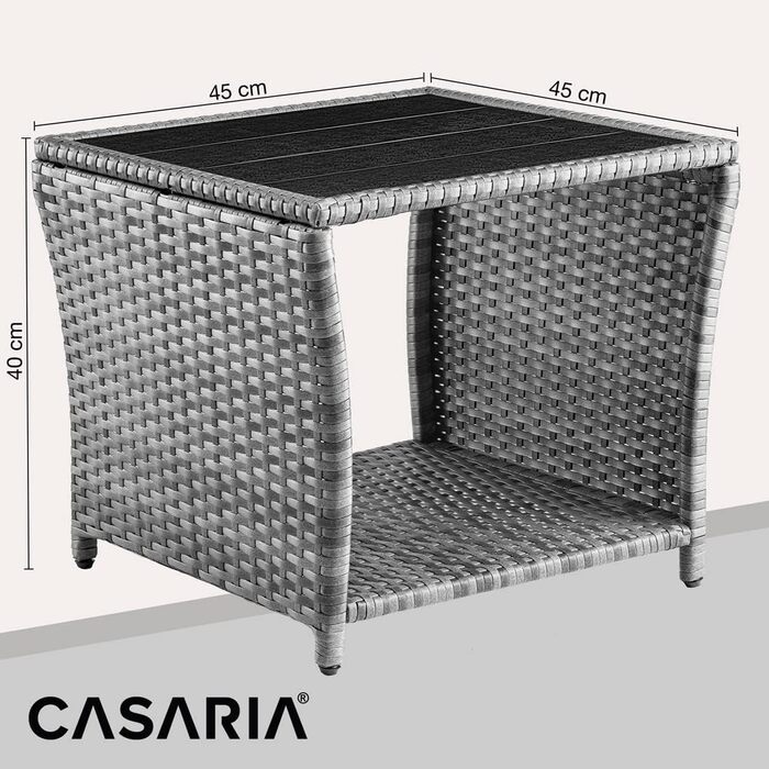 Столик з полі ротанга Casaria зі стільницею з ДПК, 45x45x40 см, 80 кг з навантаженням, стійкий до погодних умов, сірий