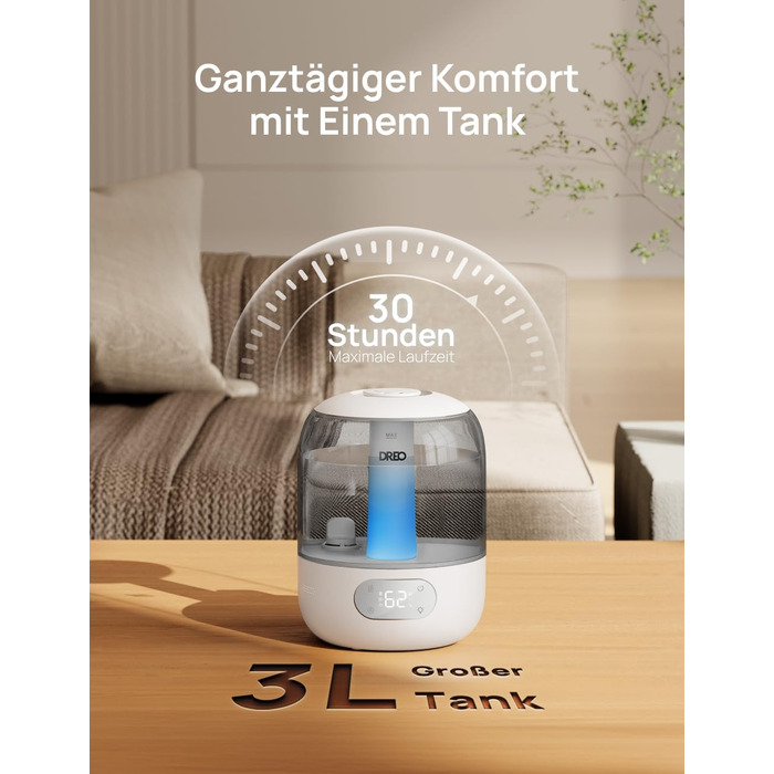 Зволожувач повітря Dreo для спальні, ультразвуковий холодний туман, 30 годин роботи, 3л резервуар, датчик вологості, нічник для дітей, кімнатних рослин та дому (Сірий)