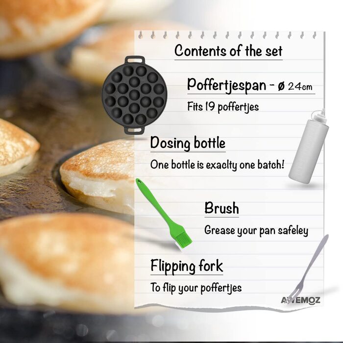 Авемоз-чавунна сковорода Poffertjes-сковорода для млинців - 19 міні-сковорідок для млинців з яйцями - включаючи сир. Масляна кисть, дар