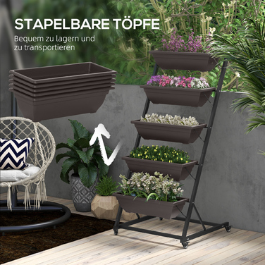 П'ятирівнева підставка для квітів, 145 см заввишки, мобільна квіткова полиця з роликами, сталева конструкція, колір - коричневий