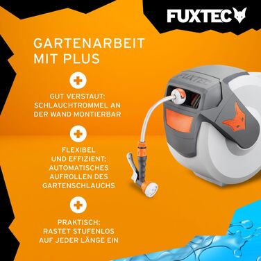 Автоматичний шланг Fuxtec FX-WSA30 – 30 м, ½ дюйма, для саду з ручною лійкою та з'єднаннями, настінний, поворотний 180° (65x29x46 см)