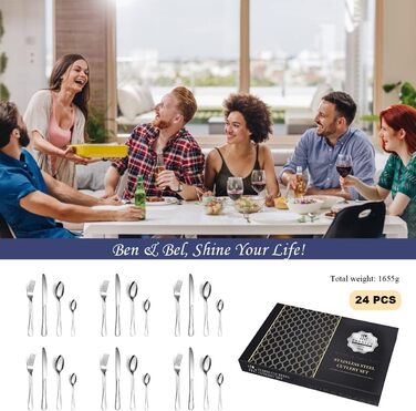Набір столових приборів Ben & Bel на 6 осіб (24 шт.) з нержавіючої сталі: ножі, виделки, ложки, подарункова коробка, легко миється, придатний для миття в посудомийній машині