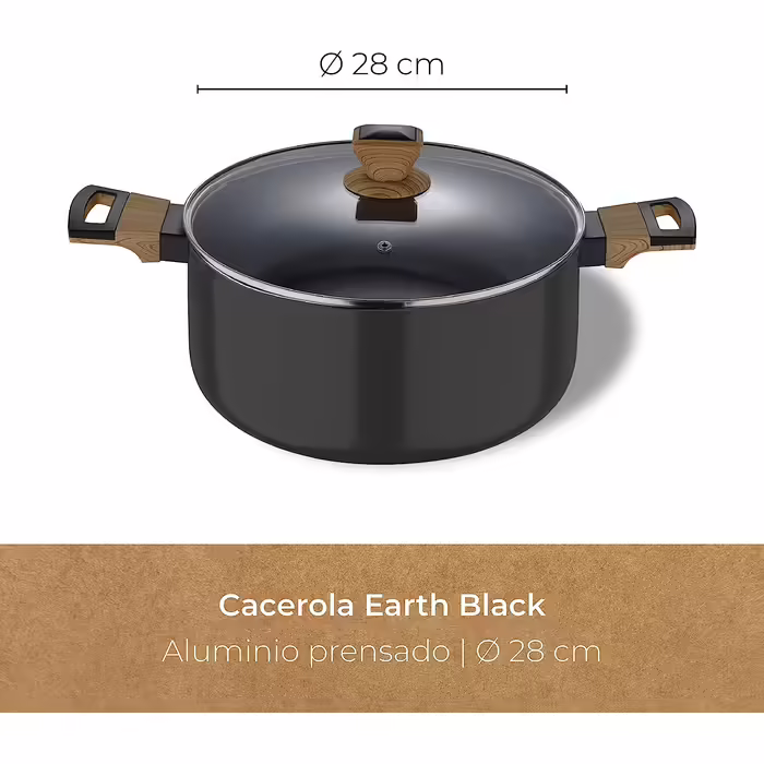 Каструля BERGNER Earth Black 28 см, алюмінієва, з антипригарним покриттям, ергономічні дерев'яні ручки, для індукції та всіх типів плит, чорна