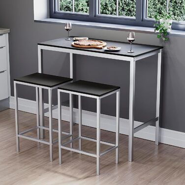 Vida Designs Roslyn: Барний стіл на 2 персони з 2 барними стільцями, індустріальний стиль, сталевий каркас (чорний)