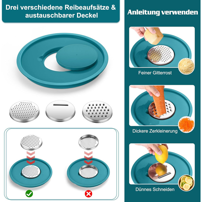 Набір мисок Homikit, 5 шт. з нержавіючої сталі, з кришкою та силіконовим дном, мультифункціональний, для салатів, 6.6L / 3.5L / 2.5L / 1.5L / 1L (блакитний, з 3 тертками)