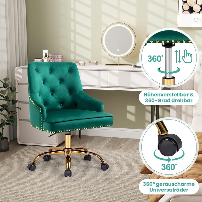 Крісло офісне Fiximaster з велюру, поворотне, з регулюванням висоти, золоті ніжки, для офісу, спальні, туалетного столика, до 135 кг (Зелений)