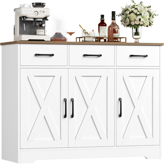 Сайдборд HOCSOK: кухонна шафа з 3 висувними ящиками та 3 дверцятами, буфет з робочою поверхнею, для кухні, їдальні, вітальні, дерево, білий & коричневий