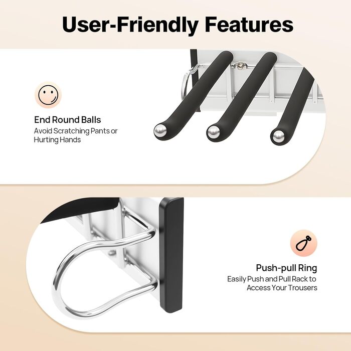 Висувний тримач для штанів, полиця для штанів, 9 тримачів для шарфів, висувна вішалка для штанів, одягу, краваток, шарфів, глибина шафи 48 см, лівостороннє кріплення