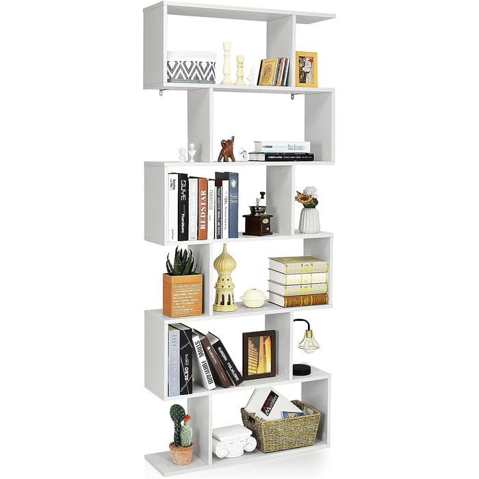 Книжкова шафа COSTWAY, стояча полиця з 6 рівнями, 192 x 80 x 23 см, офісна полиця дерев'яна, полиця для документів, полиця для зберігання з кріпильним матеріалом, перегородка для вітальні, спальні, офісу (біла)