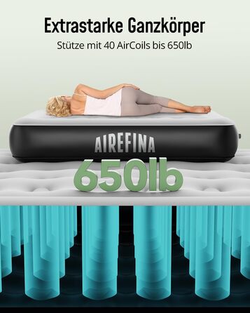 Надувне ліжко Airefina для 1 особи з вбудованим насосом, 99x190x46 см. Гостьове ліжко, компактне, з сумкою для перенесення, до 295 кг.