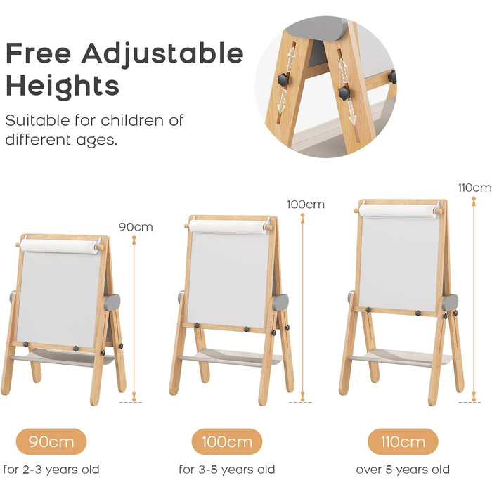 Дитяча мольберт BanaSuper 3-в-1: магнітна дошка, біла дошка, велика поверхня для малювання | Регульована висота (90-110 см), складаний | Для творчості дітей, сірий