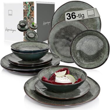 Набір посуду SÄNGER Teller Set Kopenhagen 24 елементи, 8 осіб, керамічний сервіз (тарілки для вечері, сніданку, супу), зелений/сірий, PREMIUM COLLECTION