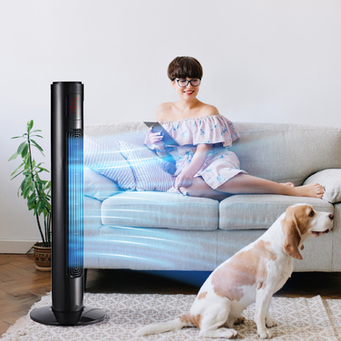 Турбовентилятор з поворотом 70°, з пультом дистанційного керування, 3 режими, 3 швидкості, таймер, розміри 32 x 32 x 96 см, чорний