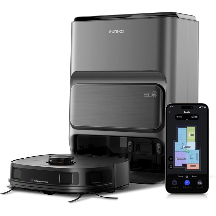 Робот-пилосос EUREKA J12 Ultra з функцією миття підлоги (самостійне очищення, миття та сушка), потужність всмоктування 5000Pa, обертова функція миття, Dual-LiDAR навігація, 3D уникнення перешкод, білий (чорний)