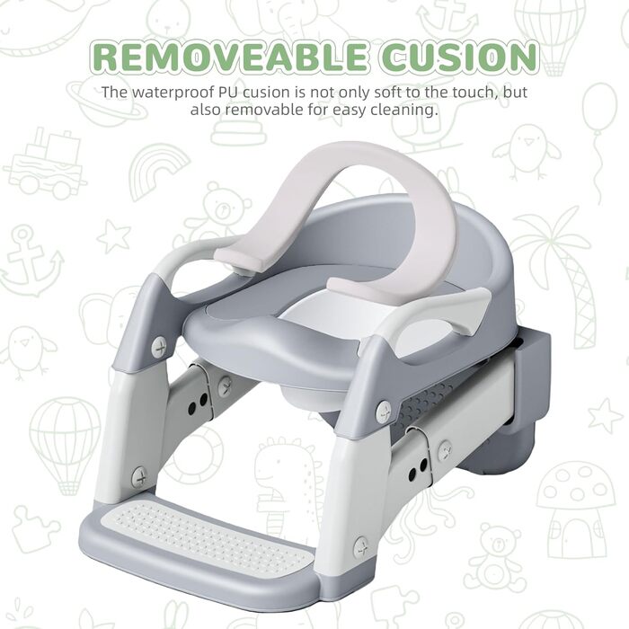 Універсальний дитячий сидіння-сходинка для унітазу 2-в-1 з PU-покриттям, регульована висота, складна конструкція, антиковзке покриття та захист від бризок
