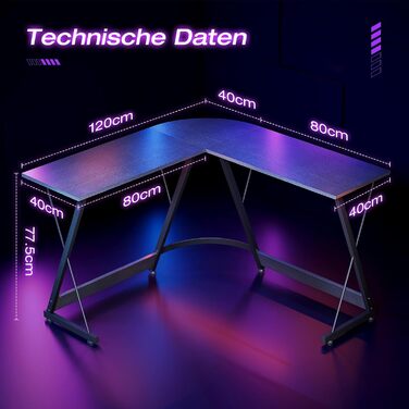 Ігровий стіл ODK, 120x120 см, L-подібний, для дому та офісу, чорний