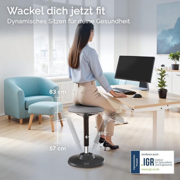 Ергономічний стілець-табурет Motion для офісу та стоячи - регульована висота, широка база та сидіння, запобігає болям спини та шиї (Сірий)