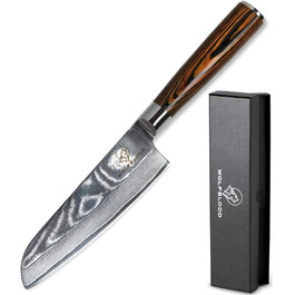 Ніж Santoku Wolfblood з дамаської сталі 67 шарів (24 см) - професійний кухонний ніж з дерев'яною ручкою, подарункова коробка та захист леза