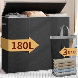 Кошик для білизни Relefree з 3 відділеннями, 180 л, великий кошик для сортування білизни, знімні кишені, з кришкою, для спальні, ванної кімнати, гуртожитку (Чорний)