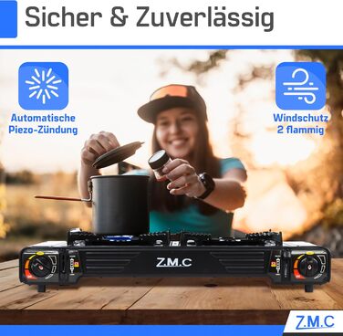 Преміум газовий набір для кемпінгу ZMC з 2 конфорками, 2,5 кВт, Piezo-запалювання, валіза для транспортування. Ідеально для відпочинку на природі, балкону та дому. Включає гриль-плиту 45×24 см та 227г газові картриджі.