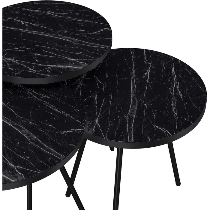 Набір приставних столів Набір гніздових столів Ølgod з 3 столів для вітальні з круглою стільницею та металевими ніжками Салонний стіл (мармур, чорний)